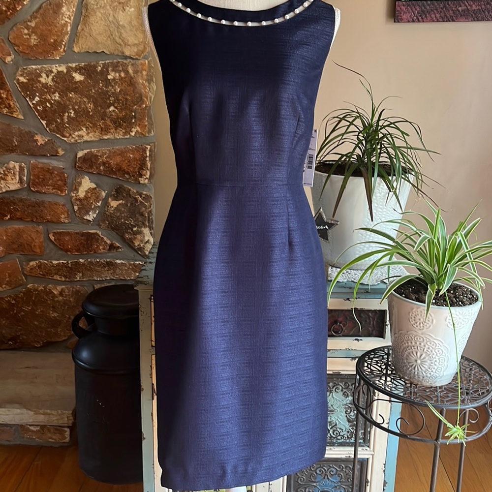 Preston & York Corinne Round Pearl Neck Sleeveless Sheath Dress Sz 8 Navy